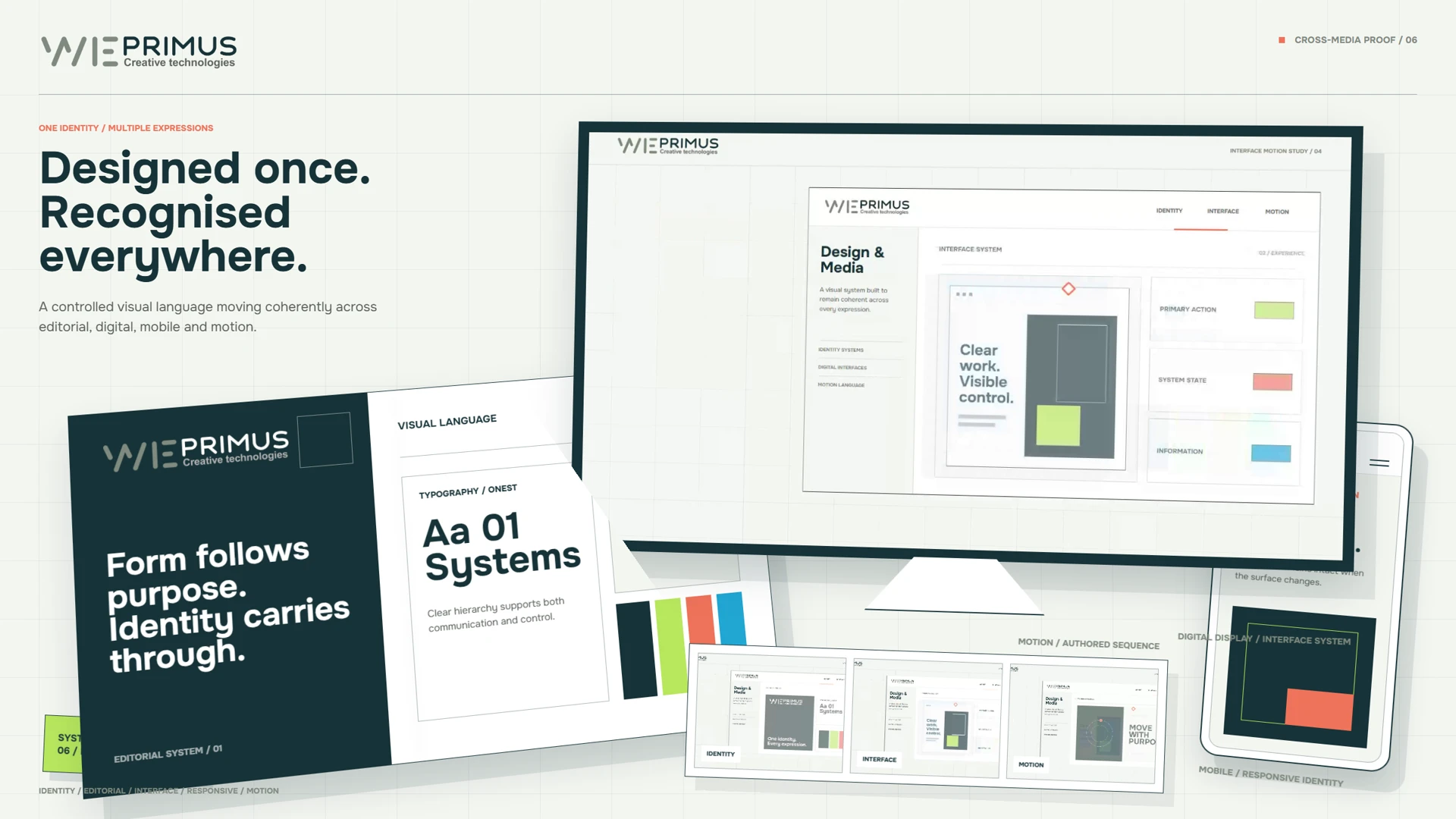 WE PRIMUS visual identity applied across editorial, interface, responsive and motion surfaces.
