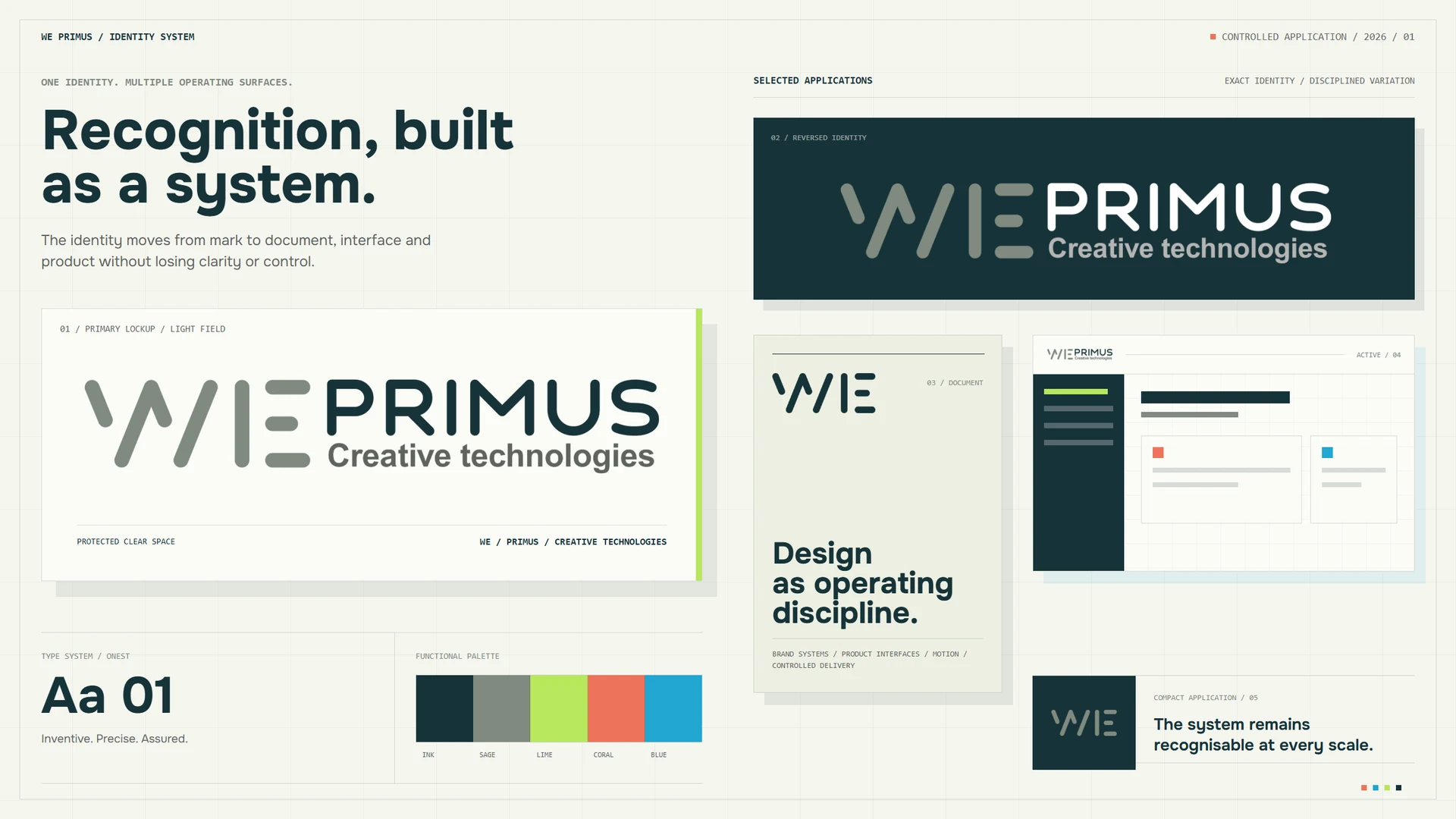 WE PRIMUS identity system across logo, typography, colour, document and interface applications.