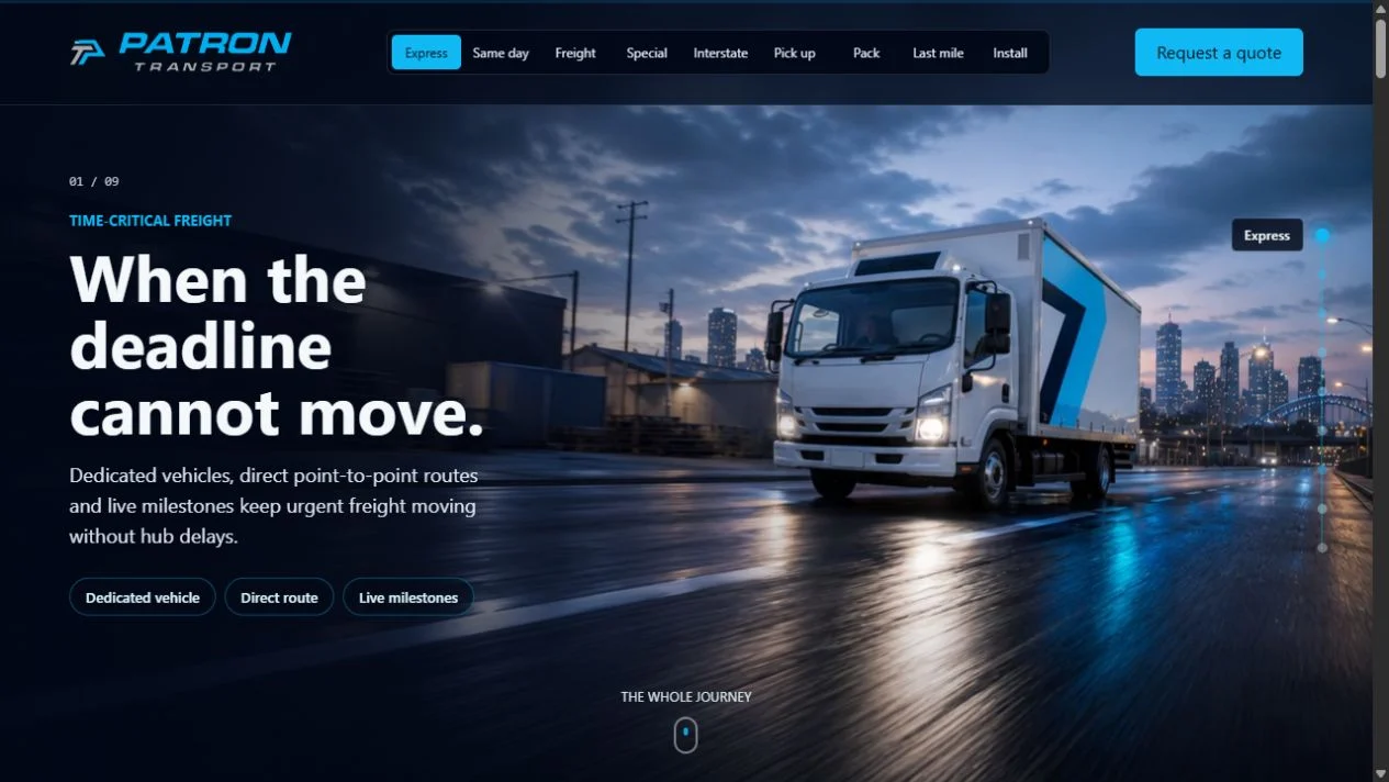 Patron Transport cinematic public website concept
